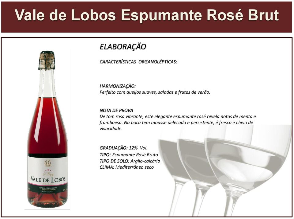 NOTA DE PROVA De tom rosa vibrante, este elegante espumante rosé revela notas de menta e framboesa.