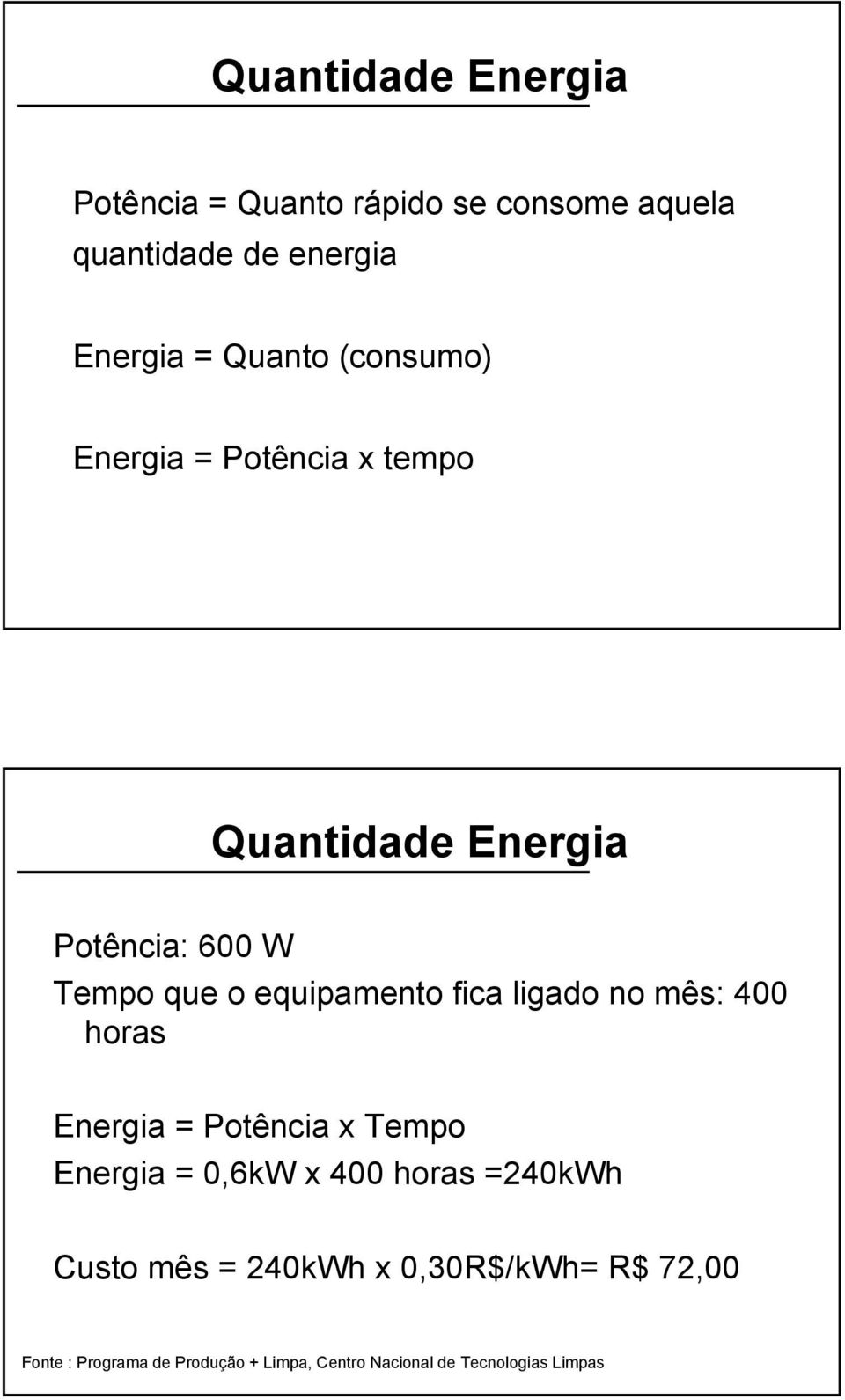 ligado no mês: 400 horas Energia = Potência x Tempo Energia = 0,6kW x 400 horas =240kWh Custo mês =