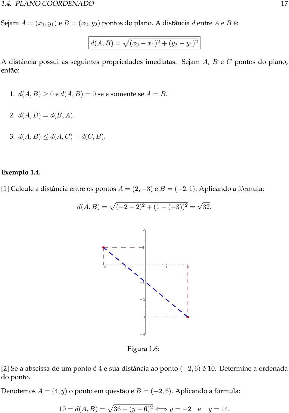 d(a, B) 0 e d(a, B) = 0 se e somente se A = B. 2. d(a, B) = d(b, A). 3. d(a, B) d(a, C) + d(c, B). Exemplo.4. [] Calcule a distância entre os pontos A = (2, 3) e B = ( 2, ).