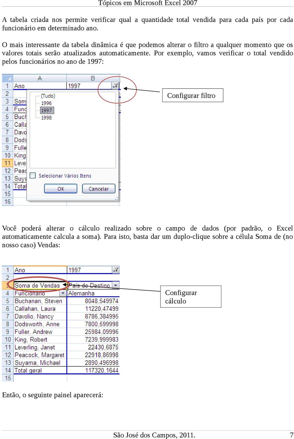 Por exemplo, vamos verificar o total vendido pelos funcionários no ano de 1997: Configurar filtro Você poderá alterar o cálculo realizado sobre o campo de dados
