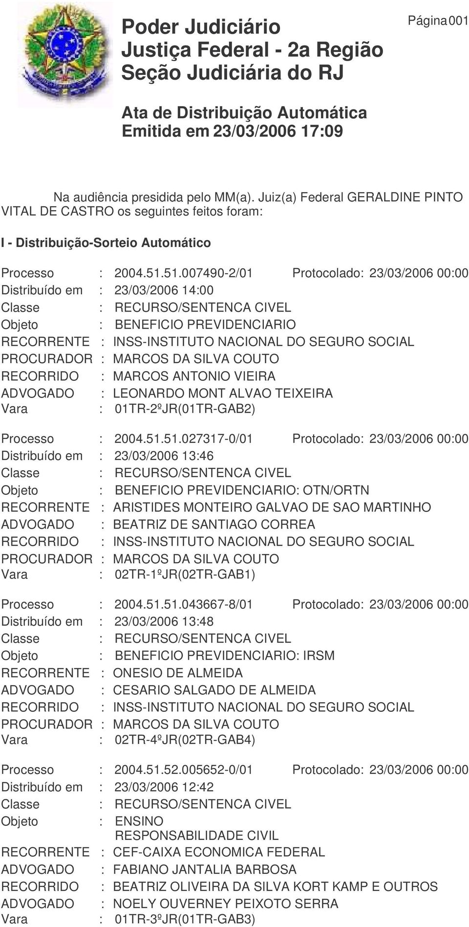 51.007490-2/01 Protocolado: 23/03/2006 00:00 Distribuído em : 23/03/2006 14:00 RECORRIDO : MARCOS ANTONIO VIEIRA ADVOGADO : LEONARDO MONT ALVAO TEIXEIRA Vara : 01TR-2ºJR(01TR-GAB2) Processo :