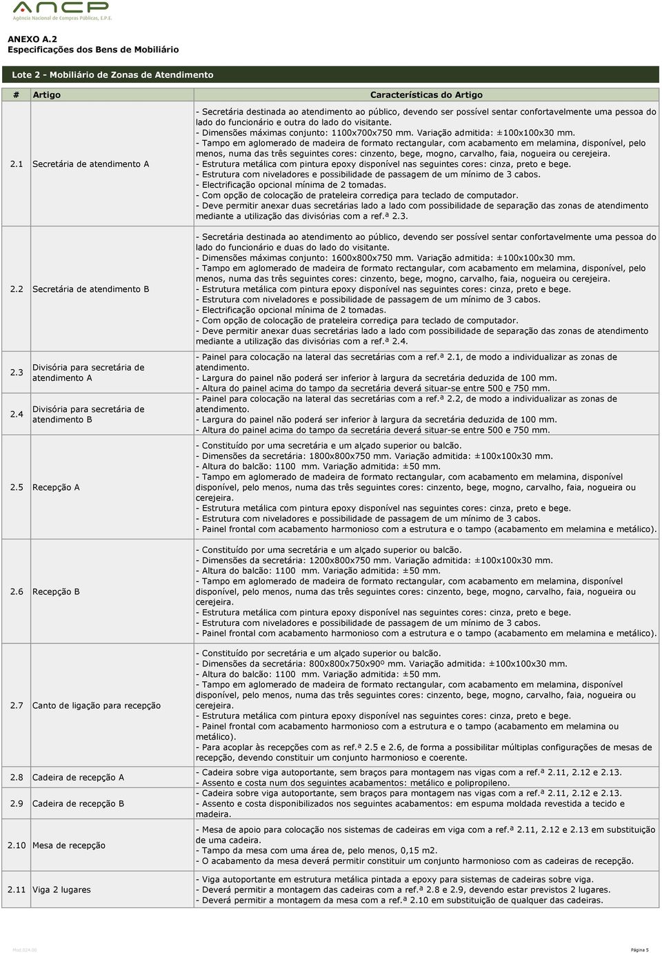 9 Cadeira de recepção B 2.10 Mesa de recepção 2.