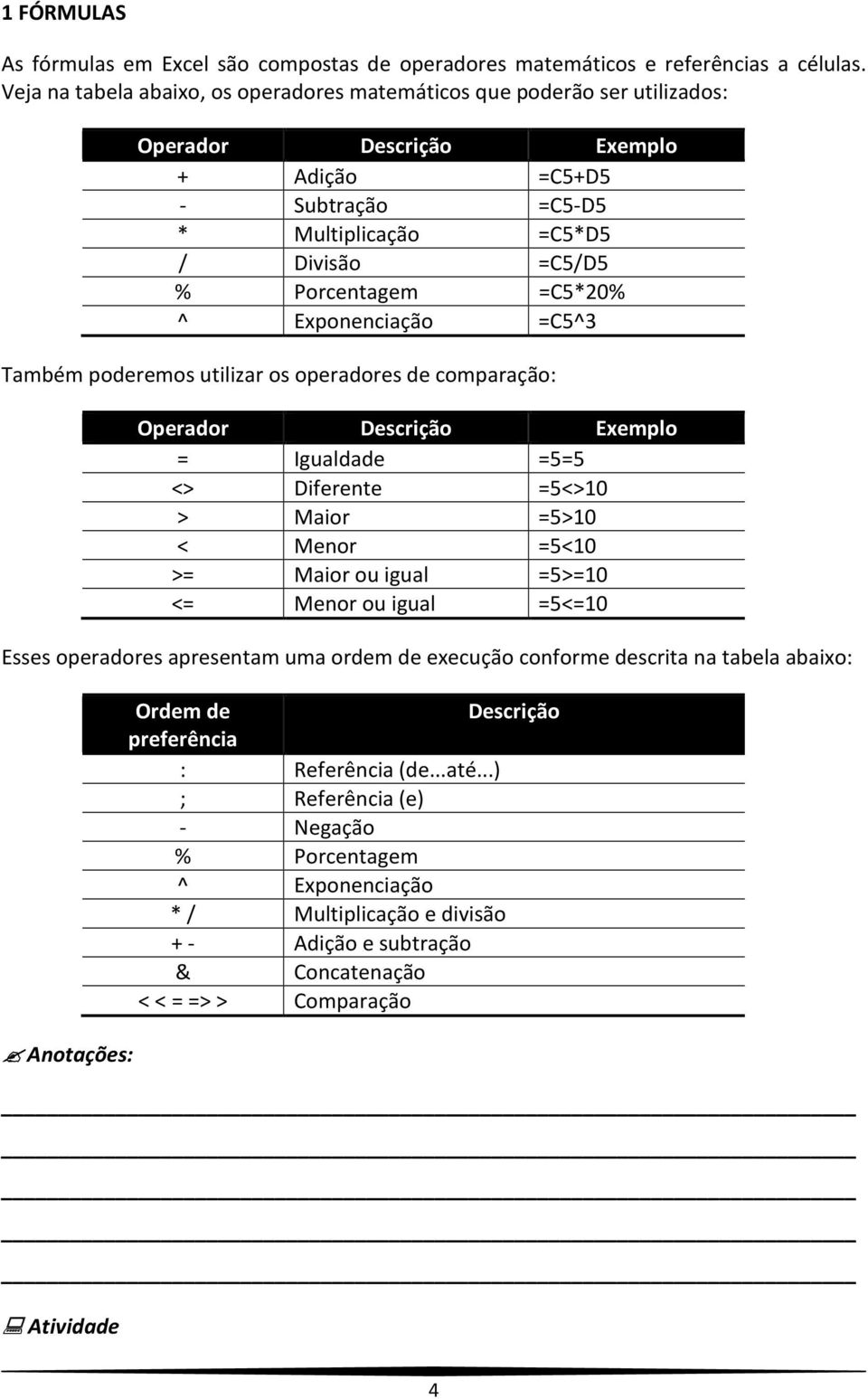 =C5*20% ^ Exponenciação =C5^3 Também poderemos utilizar os operadores de comparação: Operador Descrição Exemplo = Igualdade =5=5 <> Diferente =5<>10 > Maior =5>10 < Menor =5<10 >= Maior ou igual