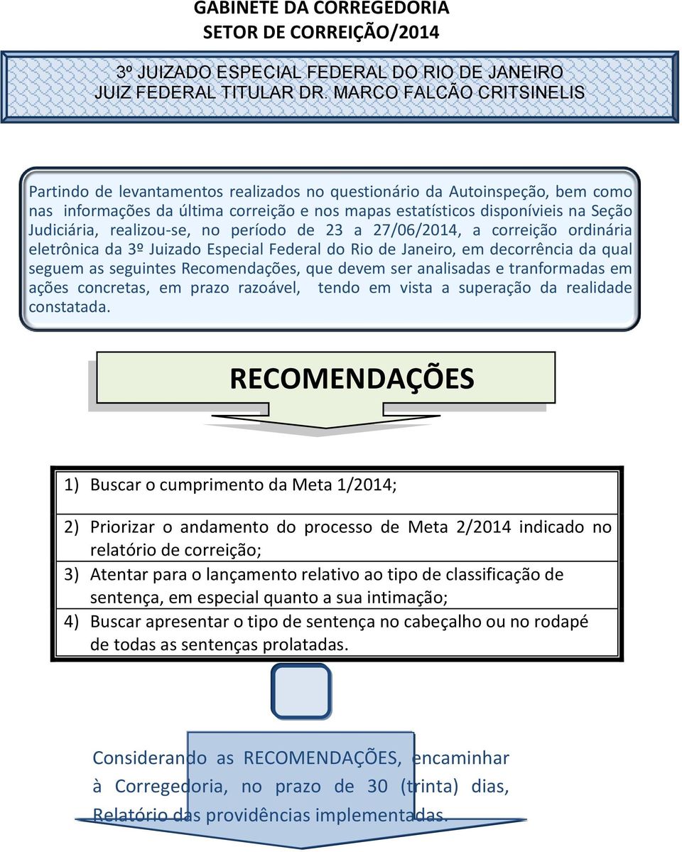 realizou-se, no período de 23 a 27/06/2014, a correição ordinária eletrônica da 3º Juizado Especial Federal do Rio de Janeiro, em decorrência da qual seguem as seguintes Recomendações, que devem ser