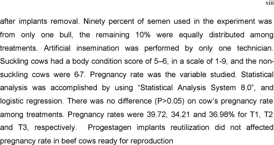 Pregnancy rate was the variable studied. Statistical analysis was accomplished by using Statistical Analysis System 8.0, and logistic regression. There was no difference (P>0.