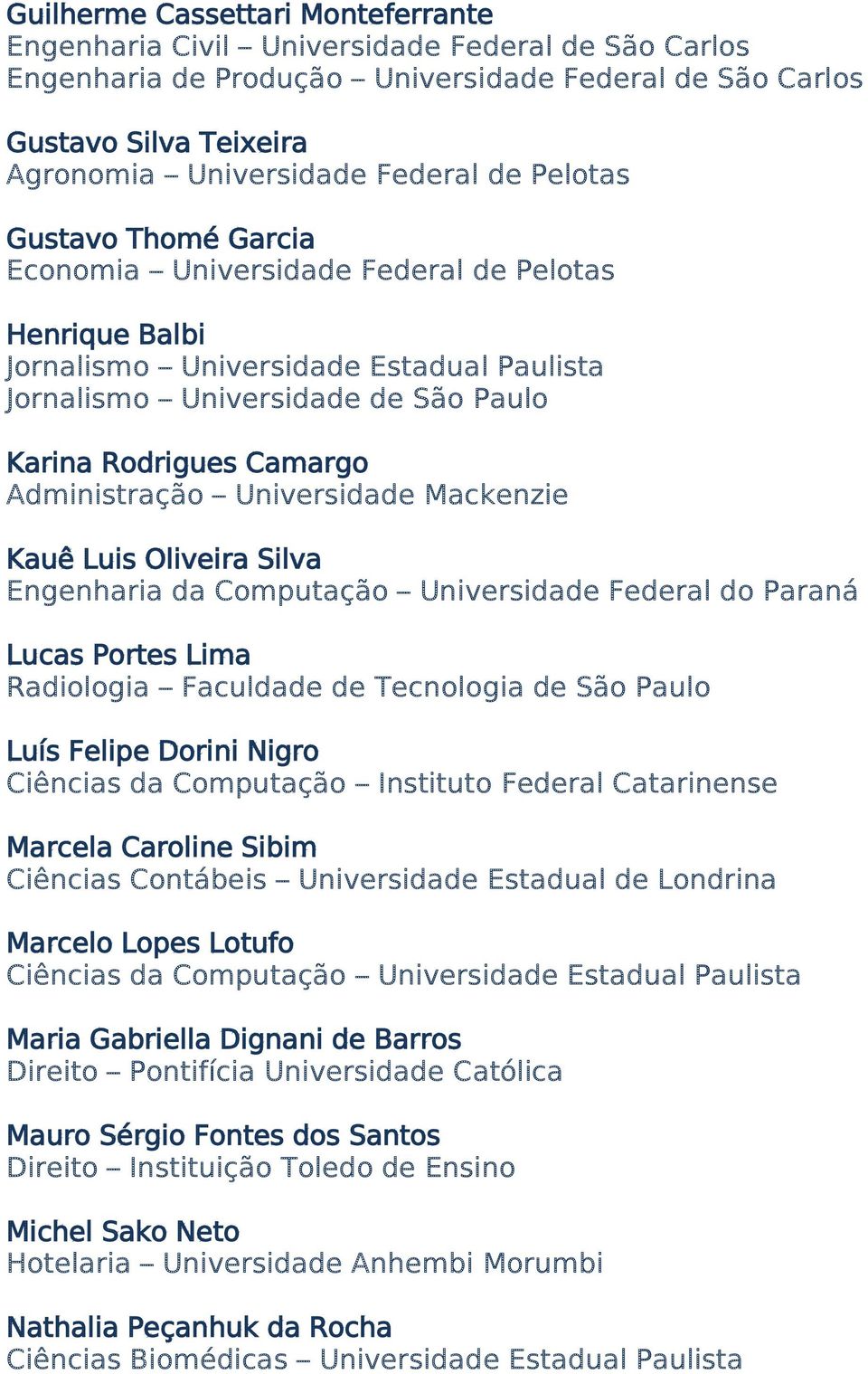 Administração Universidade Mackenzie Kauê Luis Oliveira Silva Engenharia da Computação Universidade Federal do Paraná Lucas Portes Lima Radiologia Faculdade de Tecnologia de São Paulo Luís Felipe