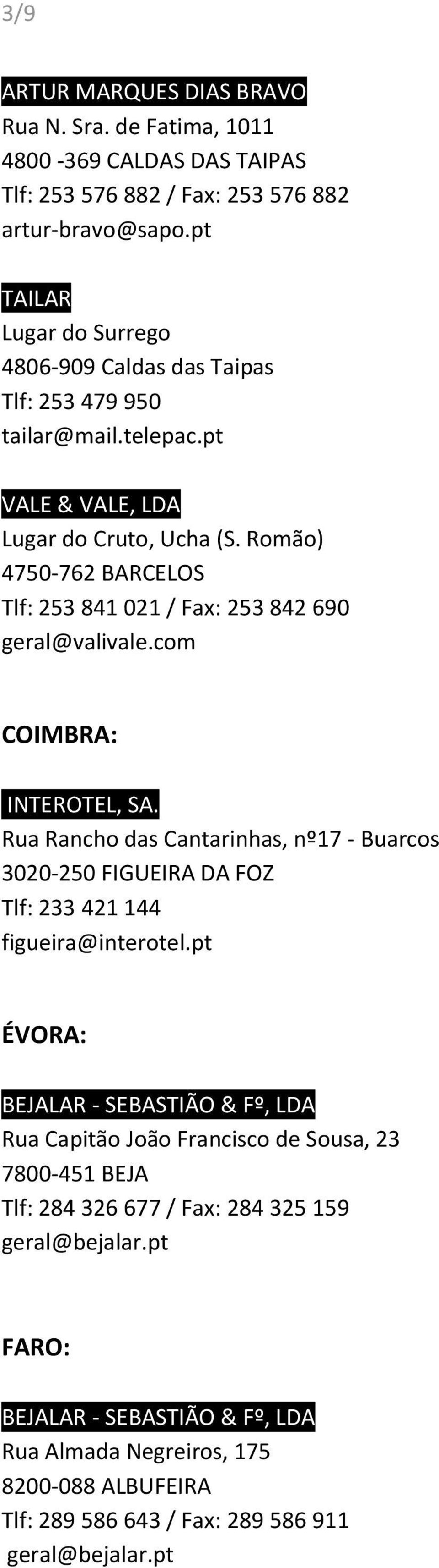 Romão) 4750-762 BARCELOS Tlf: 253 841 021 / Fax: 253 842 690 geral@valivale.com COIMBRA: INTEROTEL, SA.