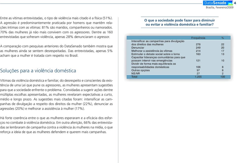 Dentre as 160 entrevistadas que sofreram violência, apenas 28% denunciaram o agressor. O que a sociedade pode fazer para diminuir ou evitar a violência doméstica e familiar?