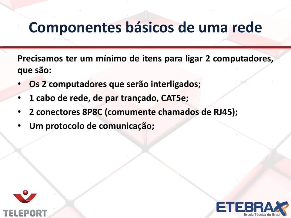 serão interligados; 1 cabo de rede, de par trançado, CAT5e; 2