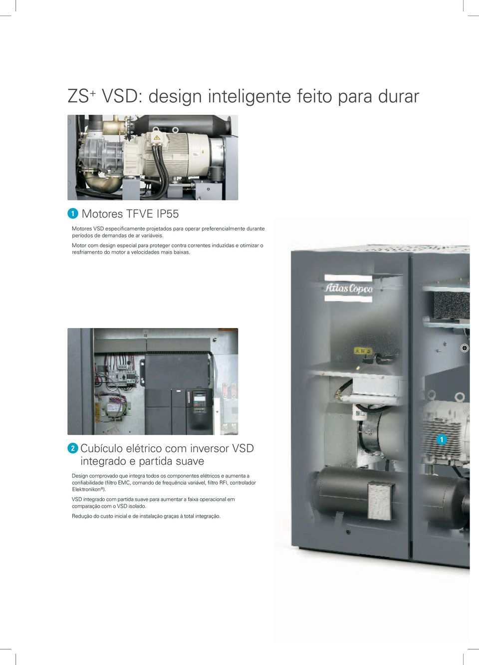 2 Cubículo elétrico com inversor VSD integrado e partida suave Design comprovado que integra todos os componentes elétricos e aumenta a confiabilidade (filtro EMC, comando de