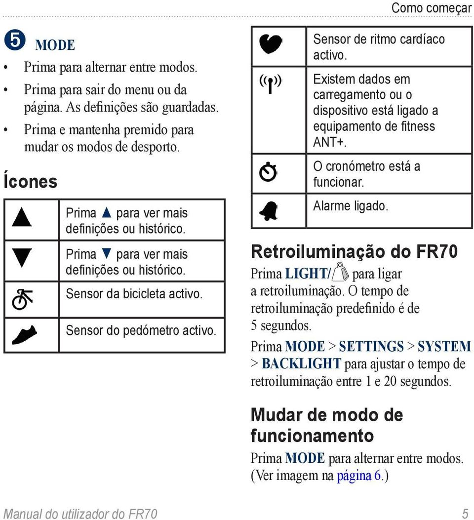 Existem dados em carregamento ou o dispositivo está ligado a equipamento de fitness ANT+. O cronómetro está a funcionar. Alarme ligado.