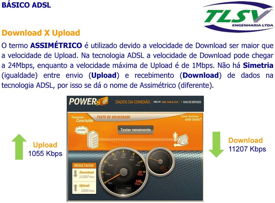 Na tecnologia ADSL a velocidade de Download pode chegar a 24Mbps, enquanto a velocidade máxima de Upload é