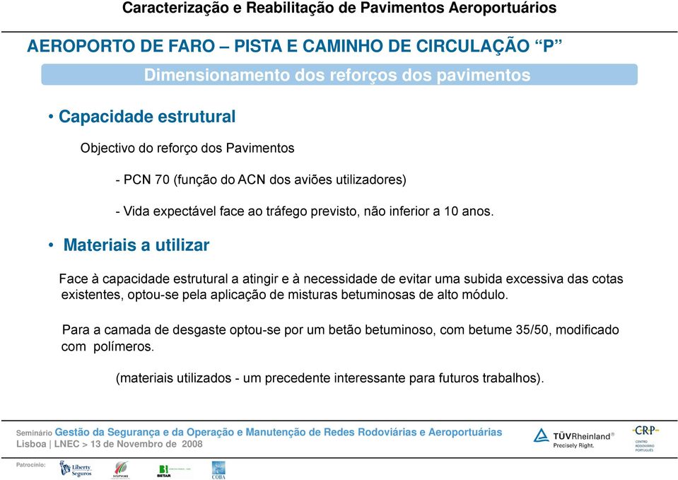 Materiais a utilizar Face à capacidade estrutural a atingir e à necessidade de evitar uma subida excessiva das cotas existentes, optou-se pela aplicação de