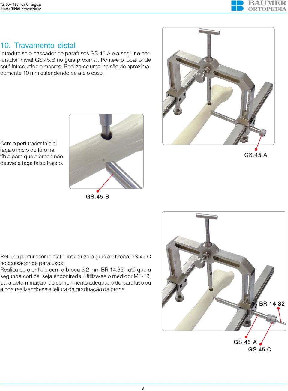 GS.45.A GS.45.B Retire o perfurador inicial e introduza o guia de broca GS.45.C no passador de parafusos. Realiza-se o orifício com a broca 3,2 mm BR.14.