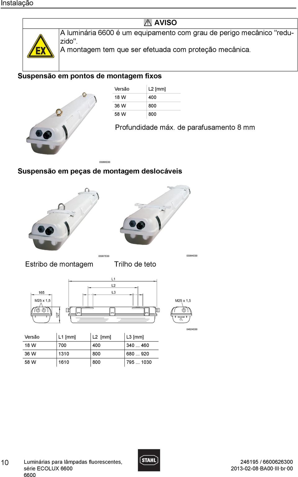 Suspensão em pontos de montagem fixos Versão L2 [mm] 18 W 400 36 W 800 58 W 800 Profundidade máx.