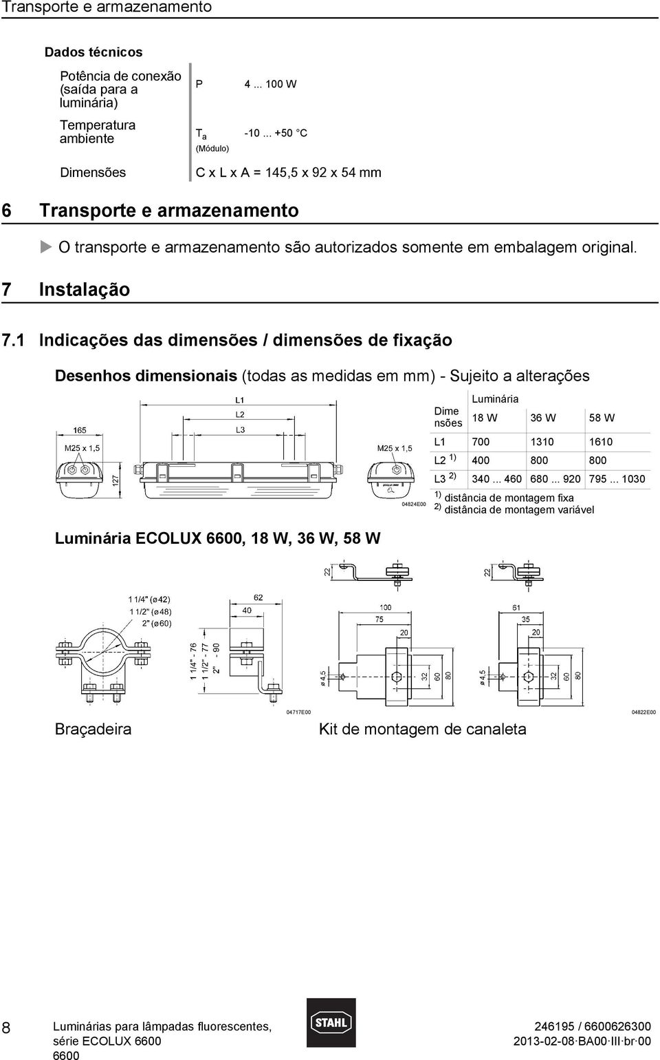 1 Indicações das dimensões / dimensões de fixação Desenhos dimensionais (todas as medidas em mm) - Sujeito a alterações Luminária ECOLUX, 18 W, 36 W, 58 W 04824E00 Dime nsões Luminária