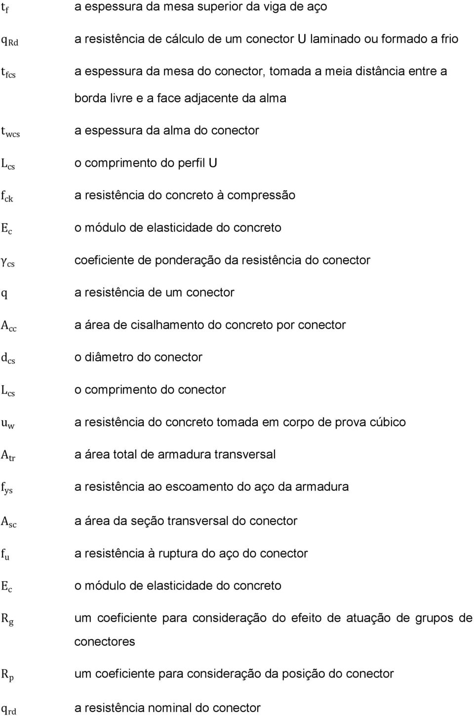 elasticidade do concreto coeficiente de ponderação da resistência do conector a resistência de um conector a área de cisalhamento do concreto por conector o diâmetro do conector o comprimento do