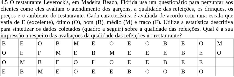 Cada característica é avaliada de acordo com uma escala que varia de E (excelente), ótimo (O), bom (B), médio (M) e fraco (F).