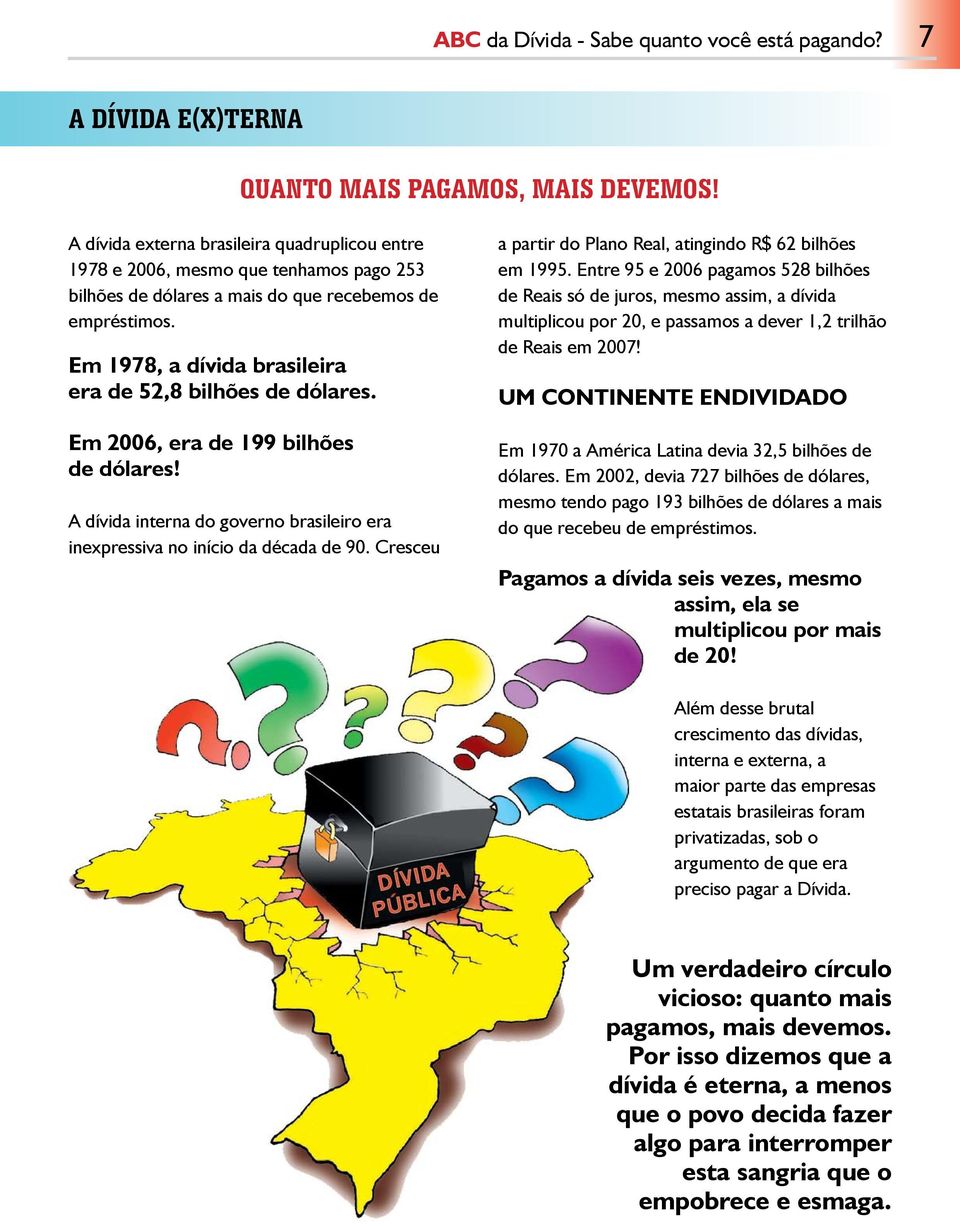 Em 1978, a dívida brasileira era de 52,8 bilhões de dólares. Em 2006, era de 199 bilhões de dólares! A dívida interna do governo brasileiro era inexpressiva no início da década de 90.