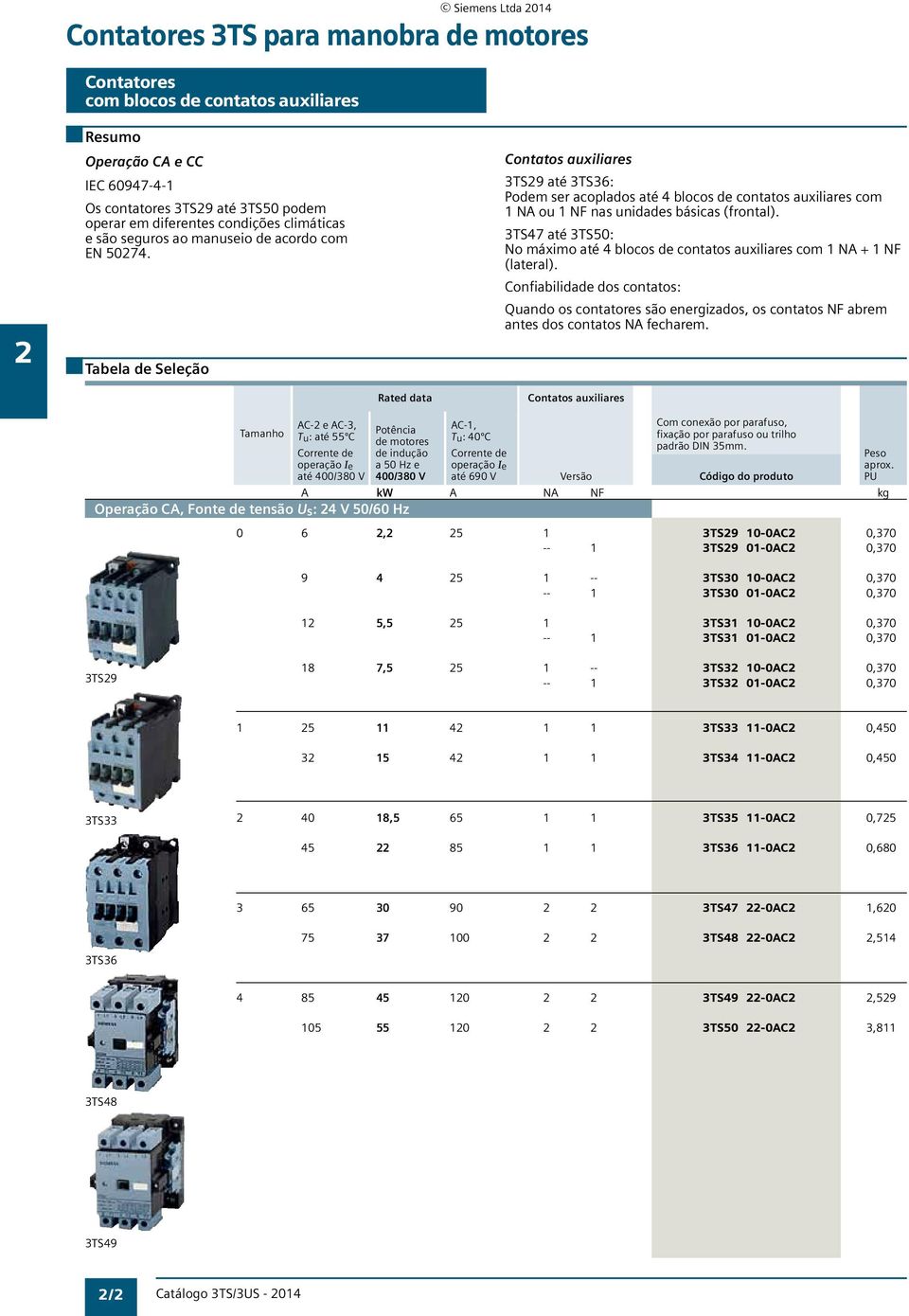 Tabela de Seleção Contatos auxiliares TS9 até TS: Podem ser acoplados até blocos de contatos auxiliares com NA ou NF nas unidades básicas (frontal).