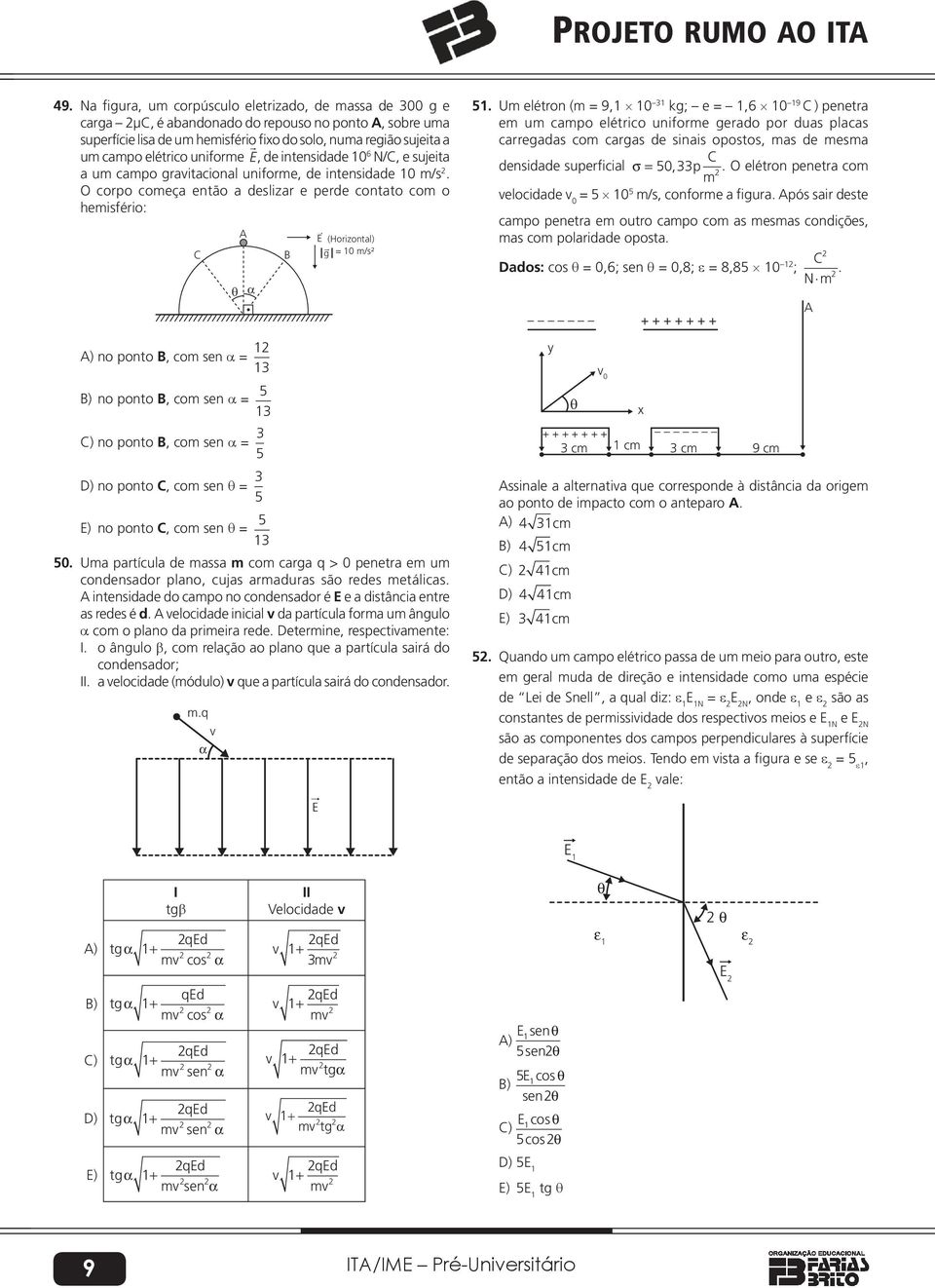 ponto, co sen α = 5 (Hoizontal) g = 1 /s² D) no ponto C, co sen θ = 5 ) no ponto C, co sen θ = 5 1 5 Ua patícula e assa co caga q > peneta e u conensao plano, cujas aauas são ees etálicas intensiae o