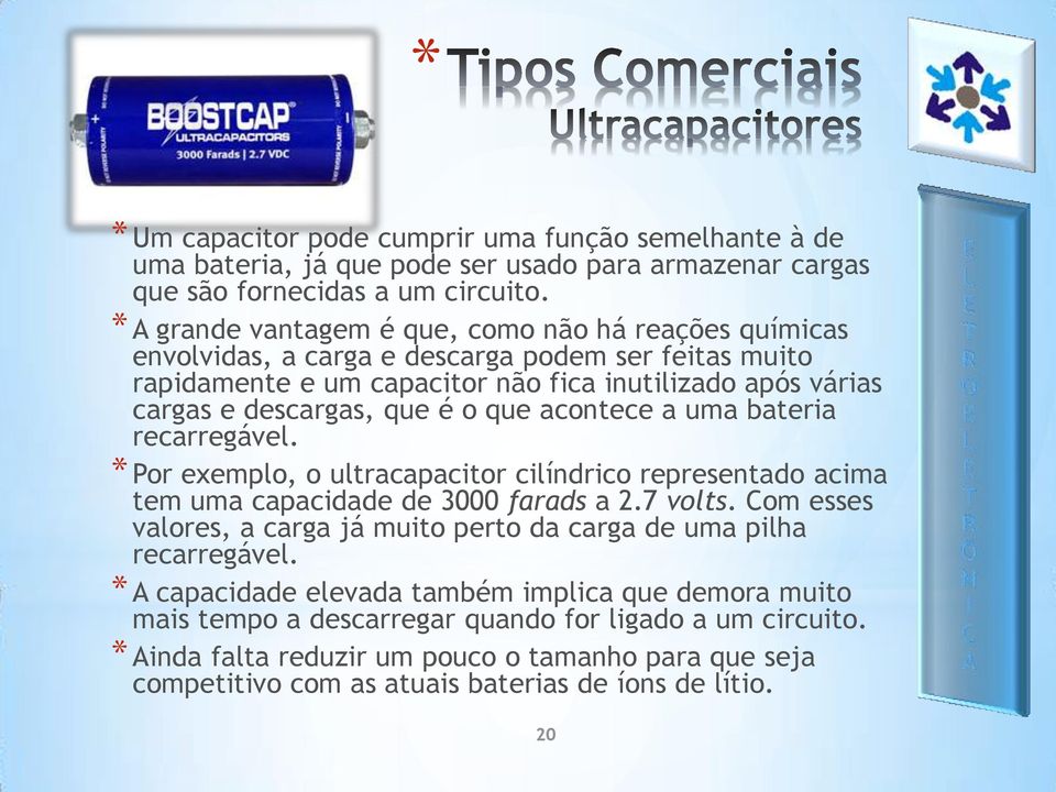 que acontece a uma bateria recarregável. * Por exemplo, o ultracapacitor cilíndrico representado acima tem uma capacidade de 3000 farads a 2.7 volts.