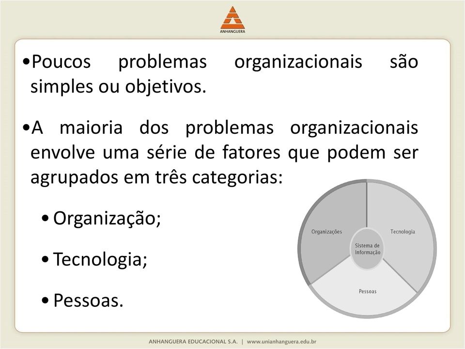 A maioria dos problemas organizacionais envolve uma