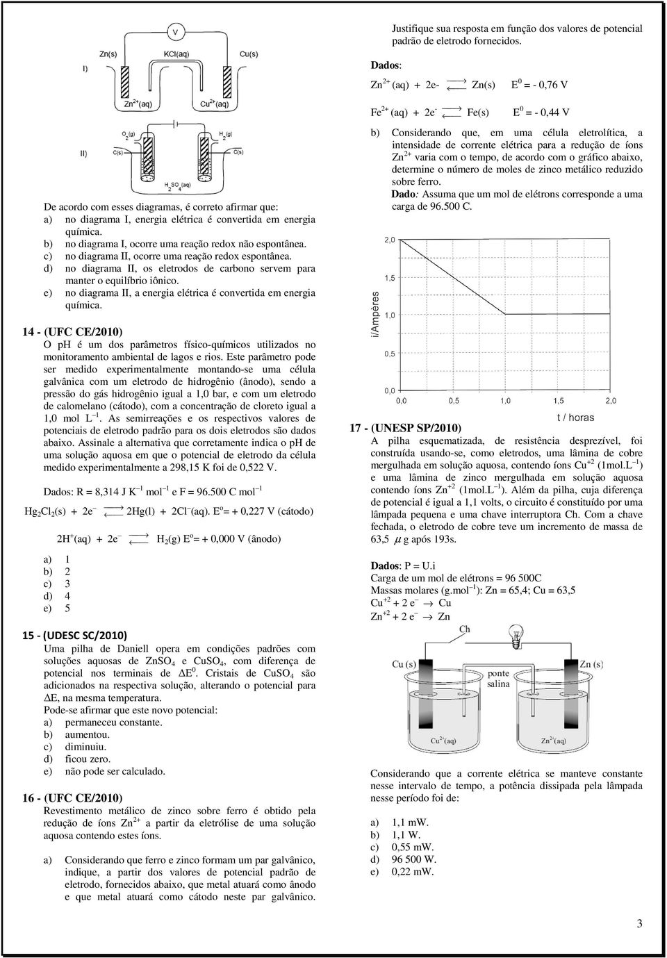 b) no diagrama I, ocorre uma reação redox não espontânea. c) no diagrama II, ocorre uma reação redox espontânea. d) no diagrama II, os eletrodos de carbono servem para manter o equilíbrio iônico.