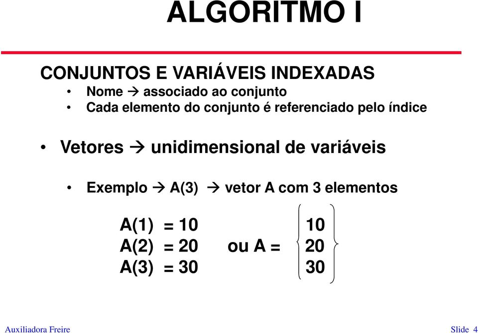 unidimensional de variáveis Exemplo A(3) vetor A com 3 elementos