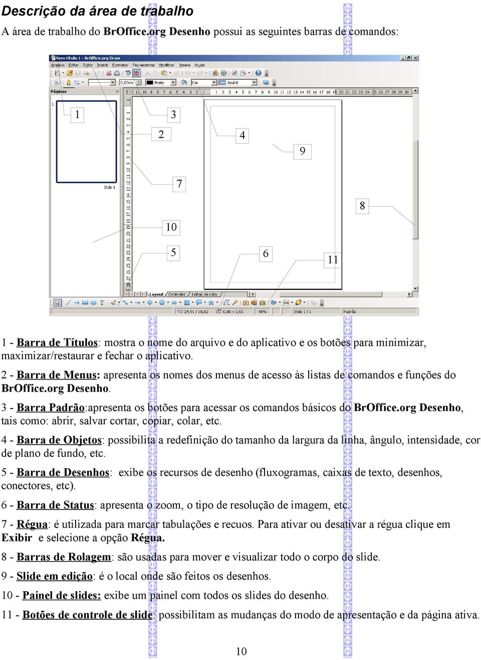 aplicativo. 2 - Barra de Menus: apresenta os nomes dos menus de acesso às listas de comandos e funções do BrOffice.org Desenho.