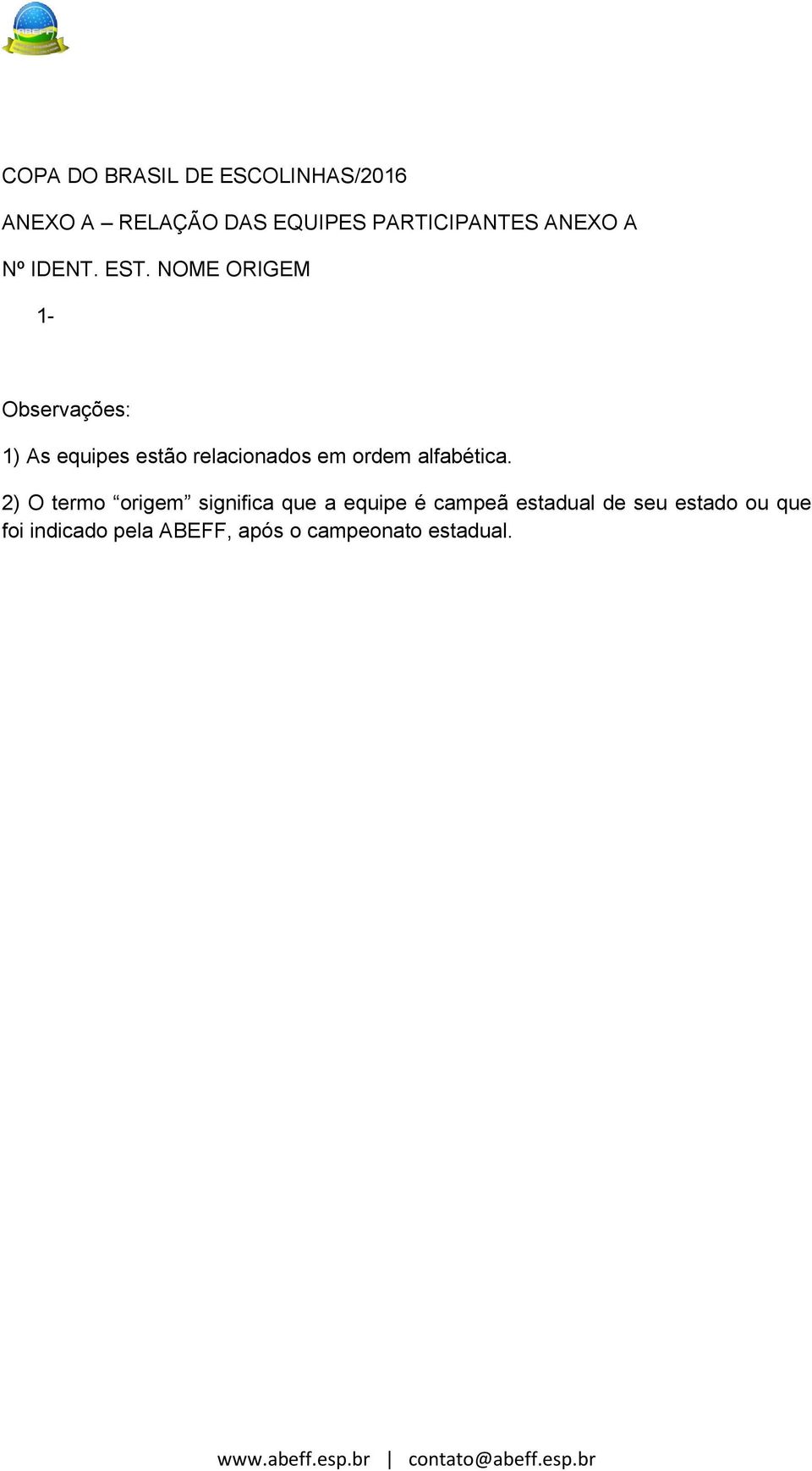 NOME ORIGEM 1- Observações: 1) As equipes estão relacionados em ordem