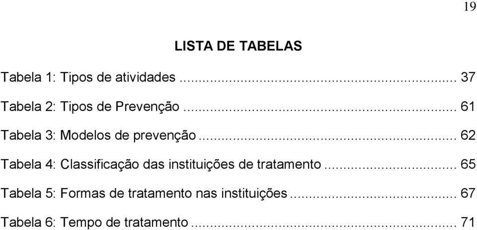 .. 62 Tabela 4: Classificação das instituições de tratamento.