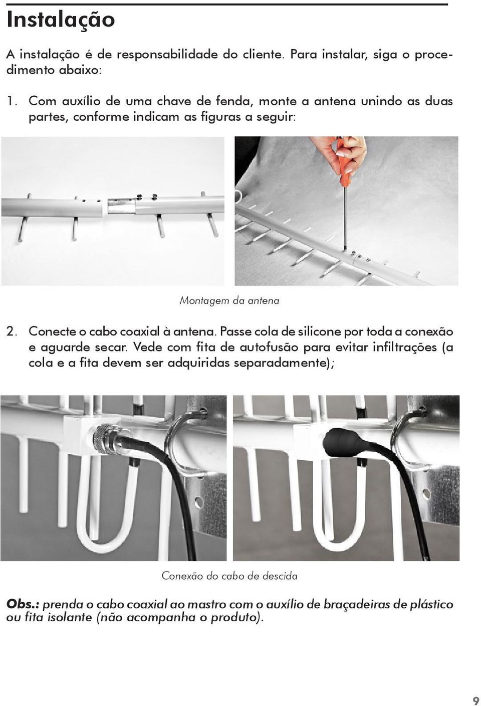 Conecte o cabo coaxial à antena. Passe cola de silicone por toda a conexão e aguarde secar.