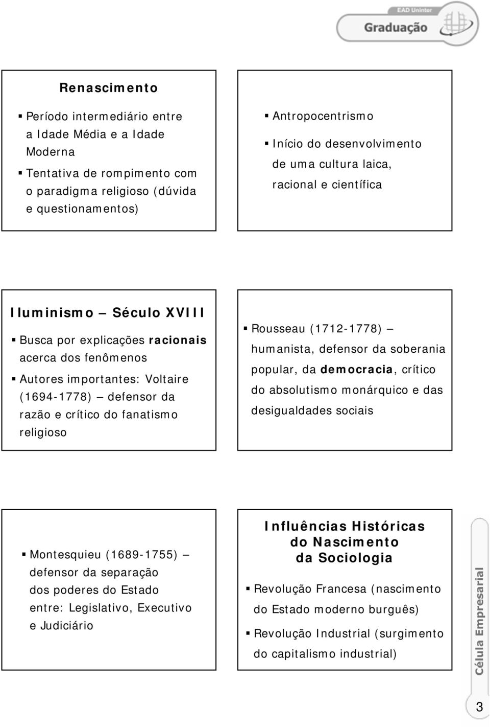 religioso Rousseau (1712-1778) humanista, defensor da soberania popular, da democracia, crítico do absolutismo monárquico e das desigualdades sociais Montesquieu (1689-1755) defensor da separação dos