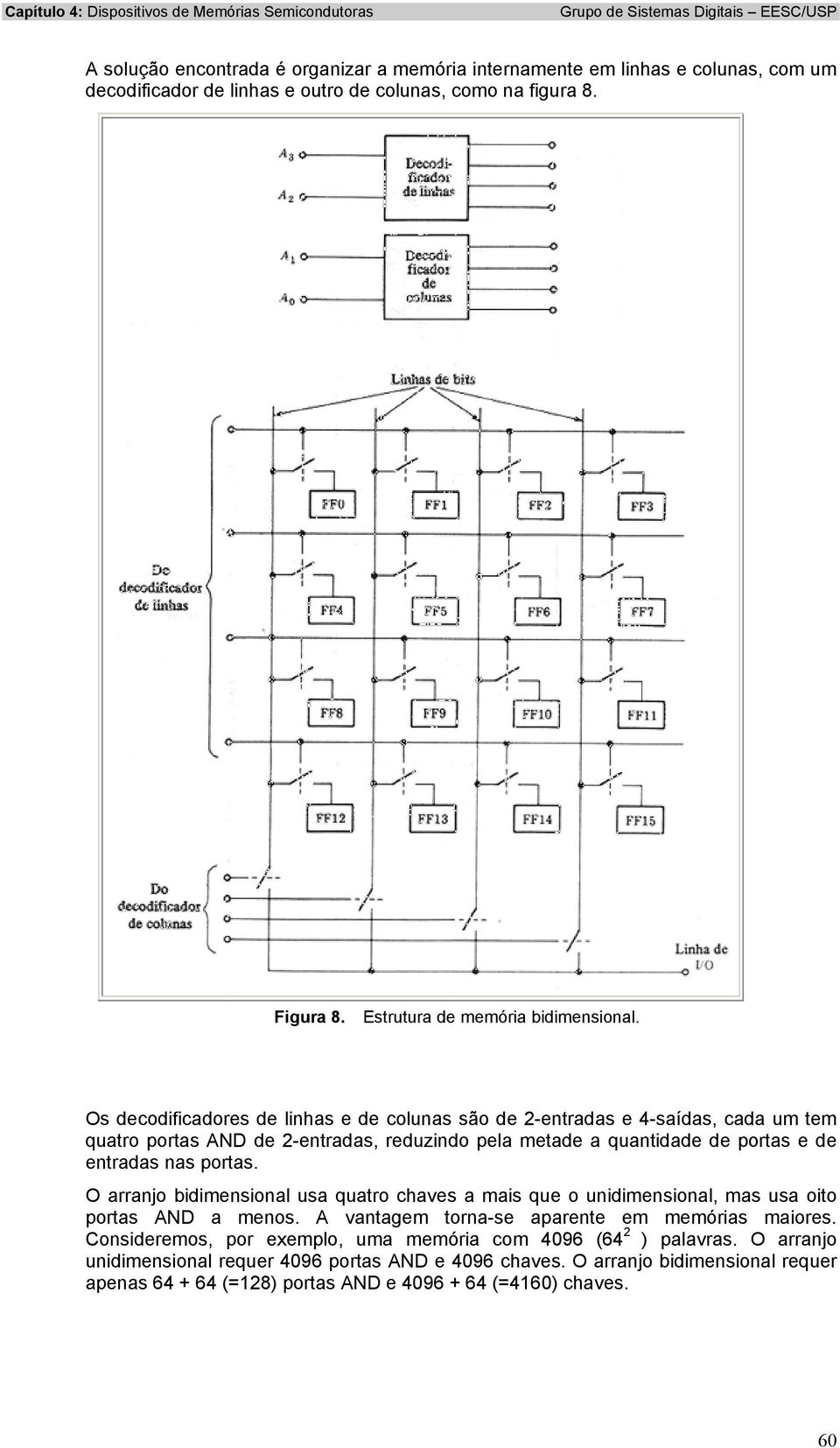 Os decodificadores de linhas e de colunas são de 2-entradas e 4-saídas, cada um tem quatro portas AND de 2-entradas, reduzindo pela metade a quantidade de portas e de entradas nas portas.