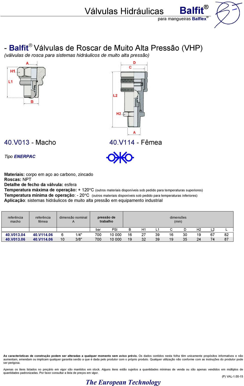 pedido para temperaturas superiores) Temperatura mínima de operação: - 20 C (outros materiais disponíveis sob pedido para temperaturas inferiores) Aplicação: sistemas hidráulicos de muito alta