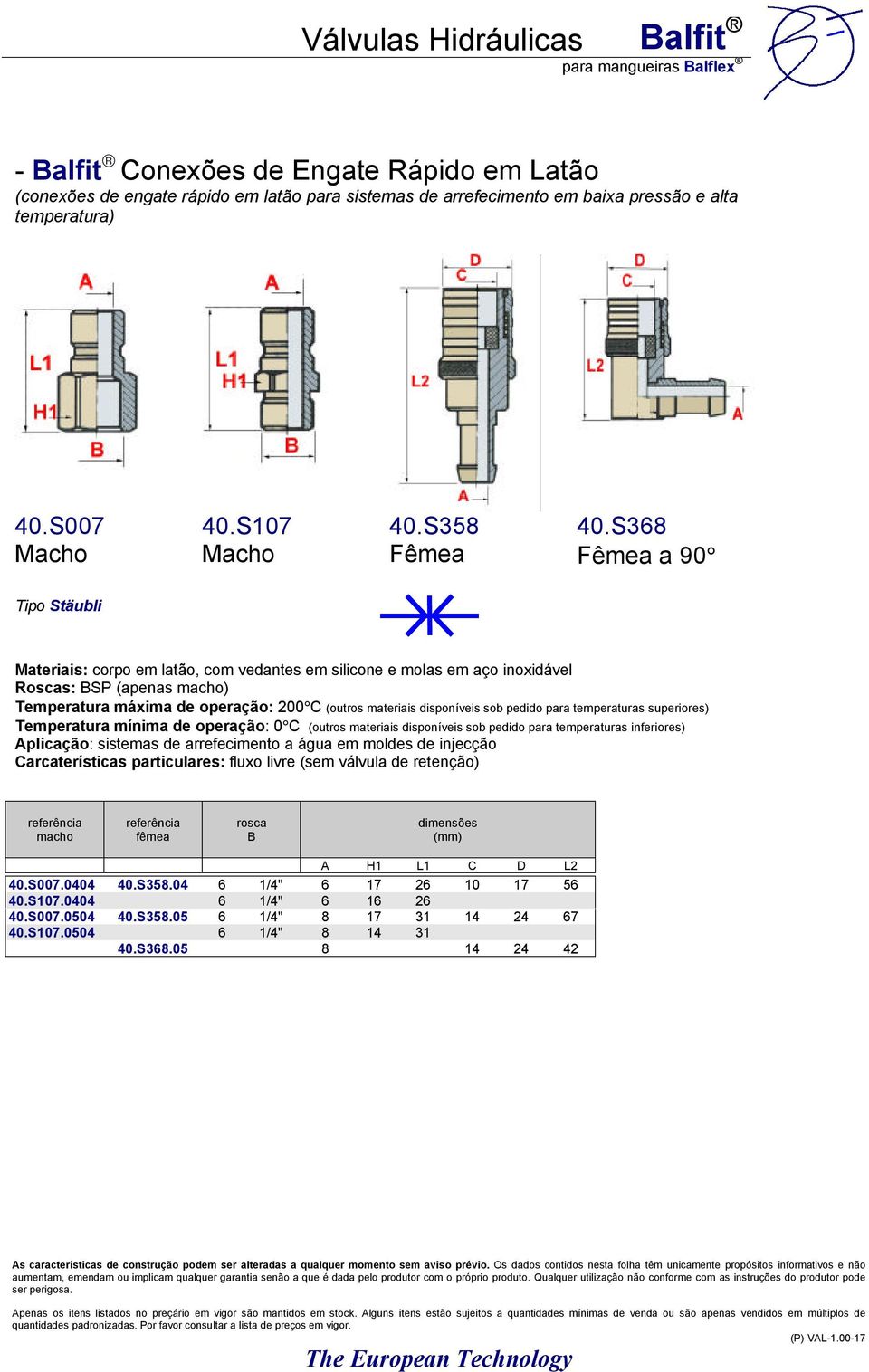 S368 Fêmea a 90 Tipo Stäubli Materiais: corpo em latão, com vedantes em silicone e molas em aço inoxidável Roscas: BSP (apenas ) Temperatura máxima de operação: 200 C (outros materiais disponíveis