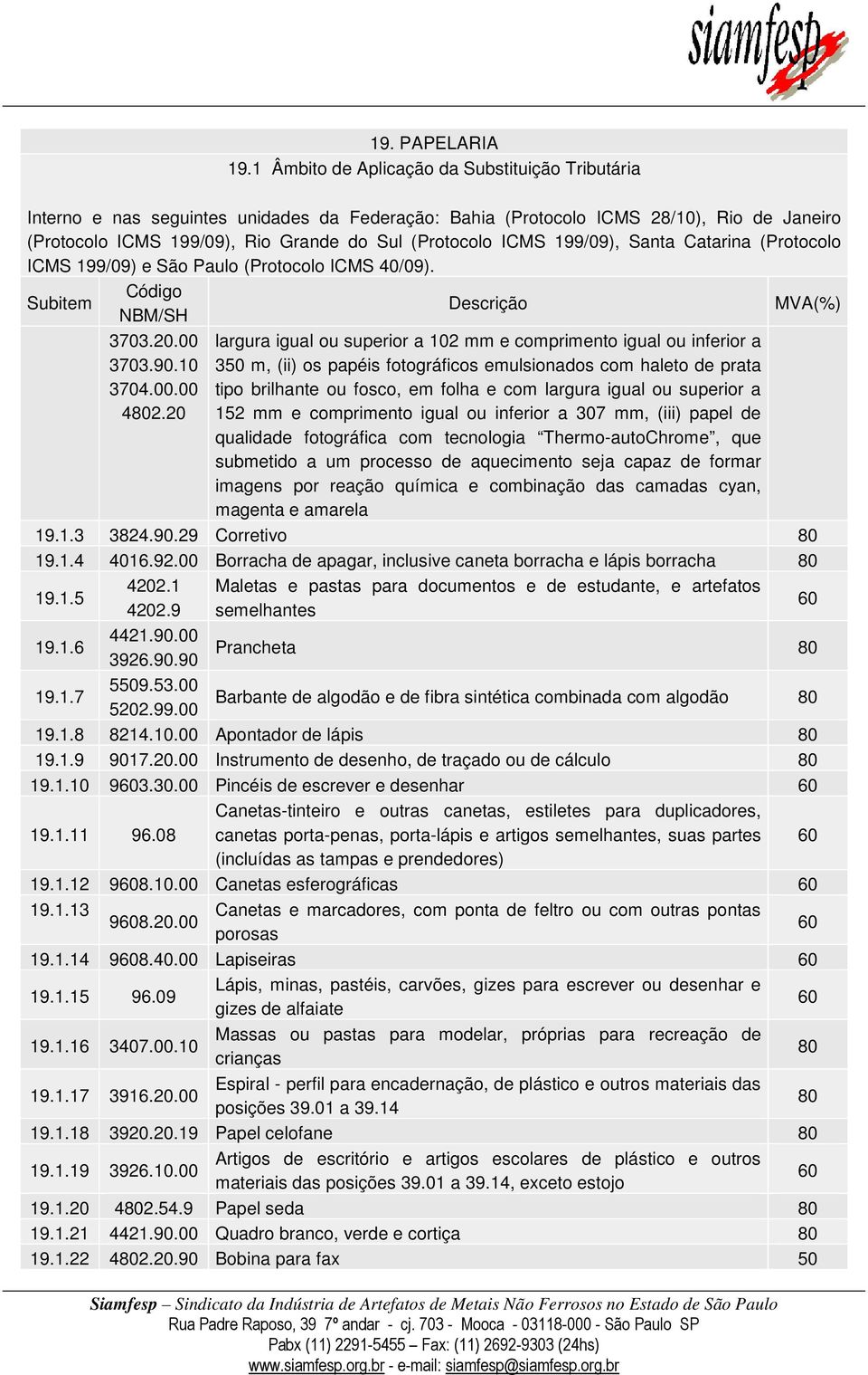 199/09), Santa Catarina (Protocolo ICMS 199/09) e São Paulo (Protocolo ICMS /09). 3703.20.00 3703.90.10 3704.00.00 4802.