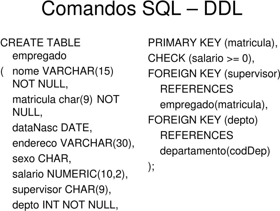 CHAR(9), depto INT NOT NULL, PRIMARY KEY (matricula), CHECK (salario >= 0), FOREIGN KEY