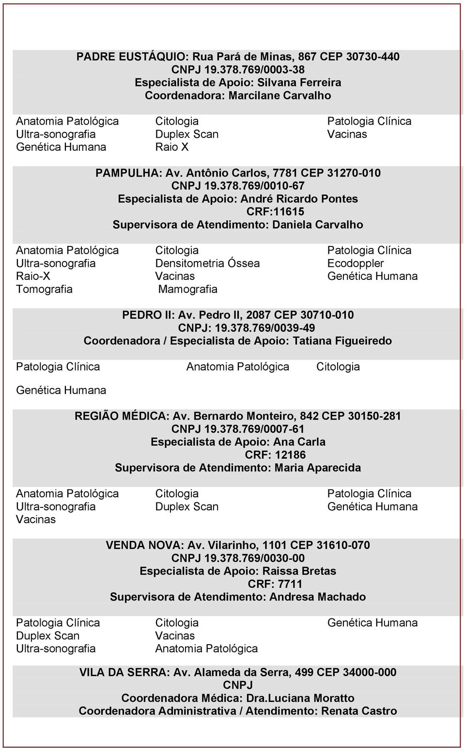 769/0010-67 Especialista de Apoio: André Ricardo Pontes CRF:11615 Supervisora de Atendimento: Daniela Carvalho Densitometria Óssea Ecodoppler Raio-X Tomografia Mamografia PEDRO II: Av.