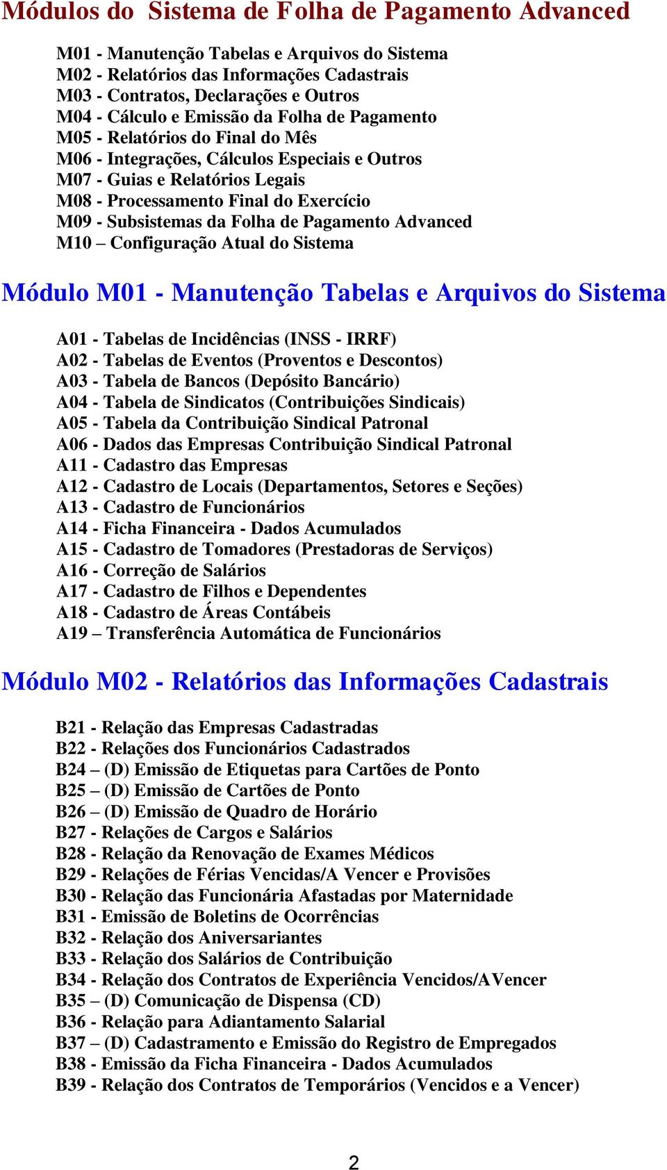 da Folha de Pagamento Advanced M10 Configuração Atual do Sistema Módulo M01 - Manutenção Tabelas e Arquivos do Sistema A01 - Tabelas de Incidências (INSS - IRRF) A02 - Tabelas de Eventos (Proventos e