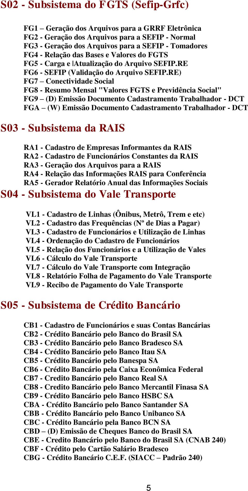 RE) FG7 Conectividade Social FG8 - Resumo Mensal "Valores FGTS e Previdência Social" FG9 (D) Emissão Documento Cadastramento Trabalhador - DCT FGA (W) Emissão Documento Cadastramento Trabalhador -