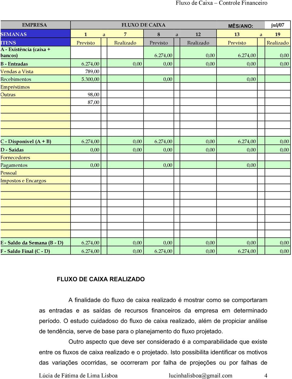 274,00 0,00 6.274,00 0,00 D - Saídas 0,00 0,00 0,00 0,00 0,00 0,00 Fornecedores Pagamentos 0,00 0,00 0,00 Pessoal Impostos e Encargos E - Saldo da Semana (B - D) 6.