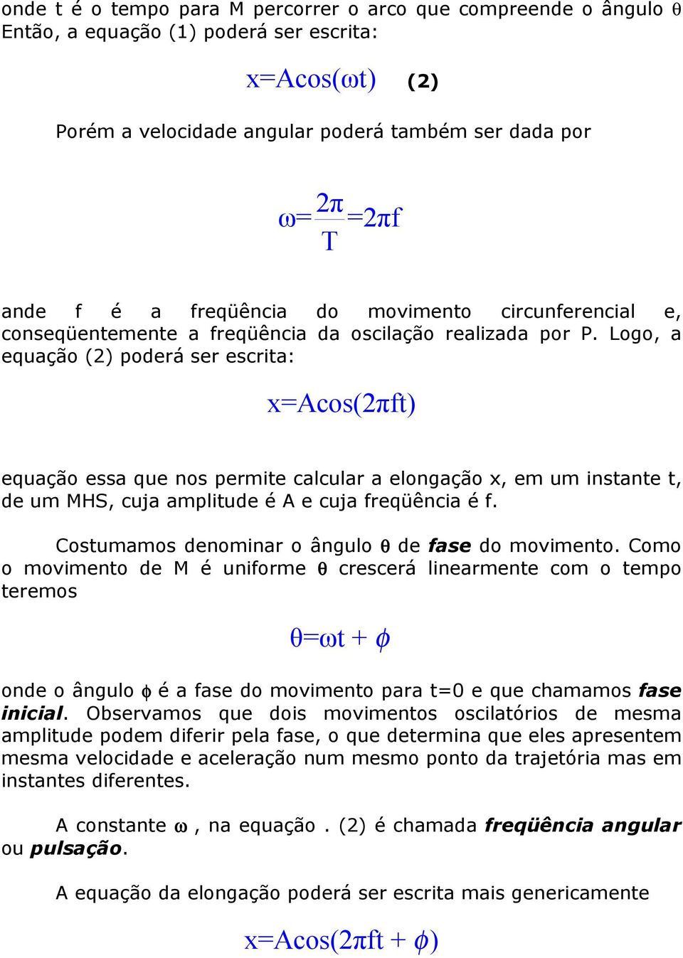 Logo, a equação () poderá ser escrita: x=acos(πft) equação essa que nos permite calcular a elongação x, em um instante t, de um MHS, cuja amplitude é A e cuja freqüência é f.