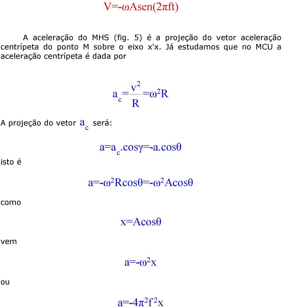 x'x. Já estudamos que no MCU a aceleração centrípeta é dada por A