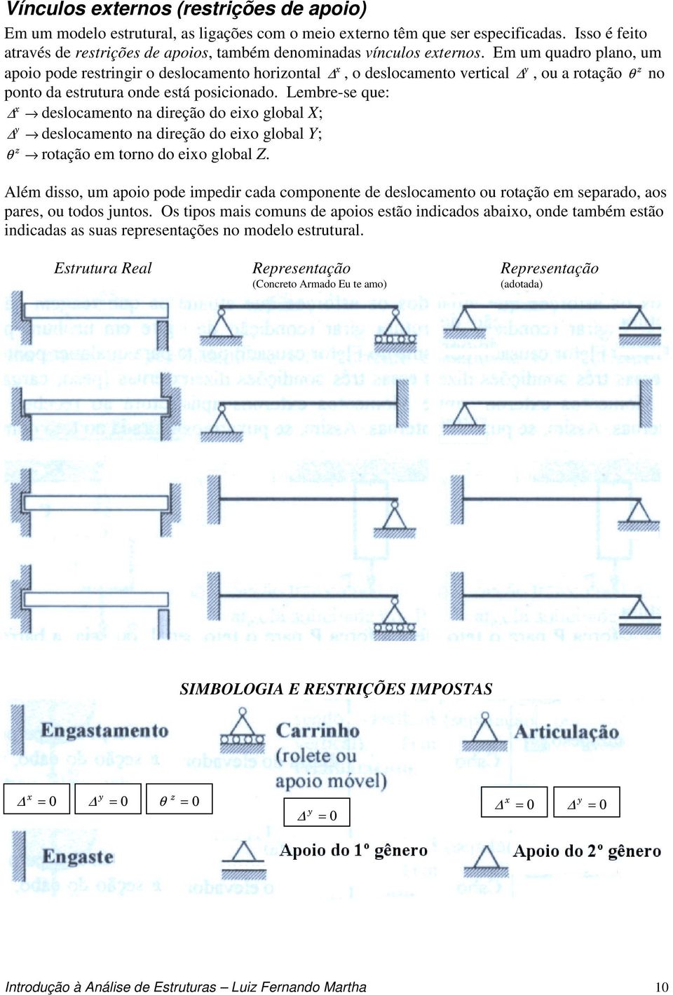 Em um quadro plano, um z apoio pode restringir o deslocamento horizontal, o deslocamento vertical, ou a rotação θ no ponto da estrutura onde está posicionado.