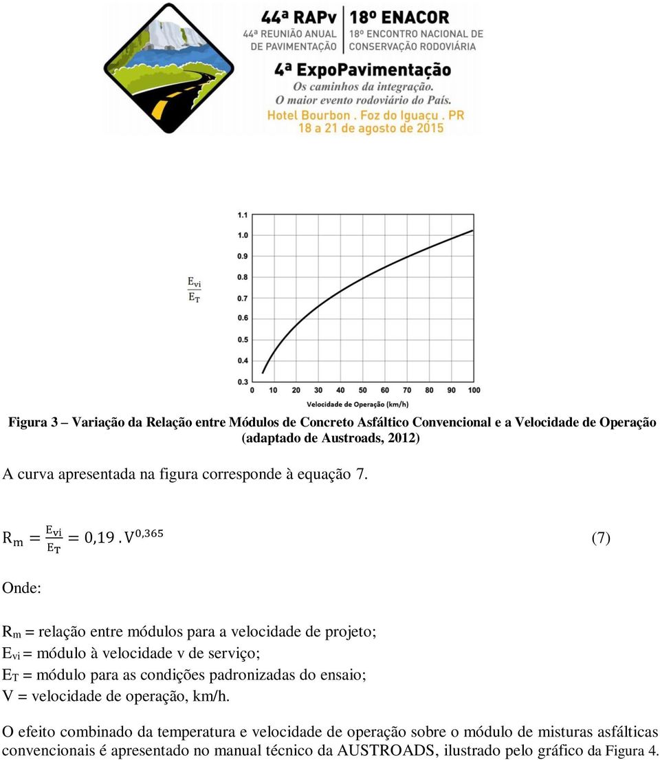 V 0,365 (7) Onde: Rm = relação entre módulos para a velocidade de projeto; Evi = módulo à velocidade v de serviço; ET = módulo para as condições