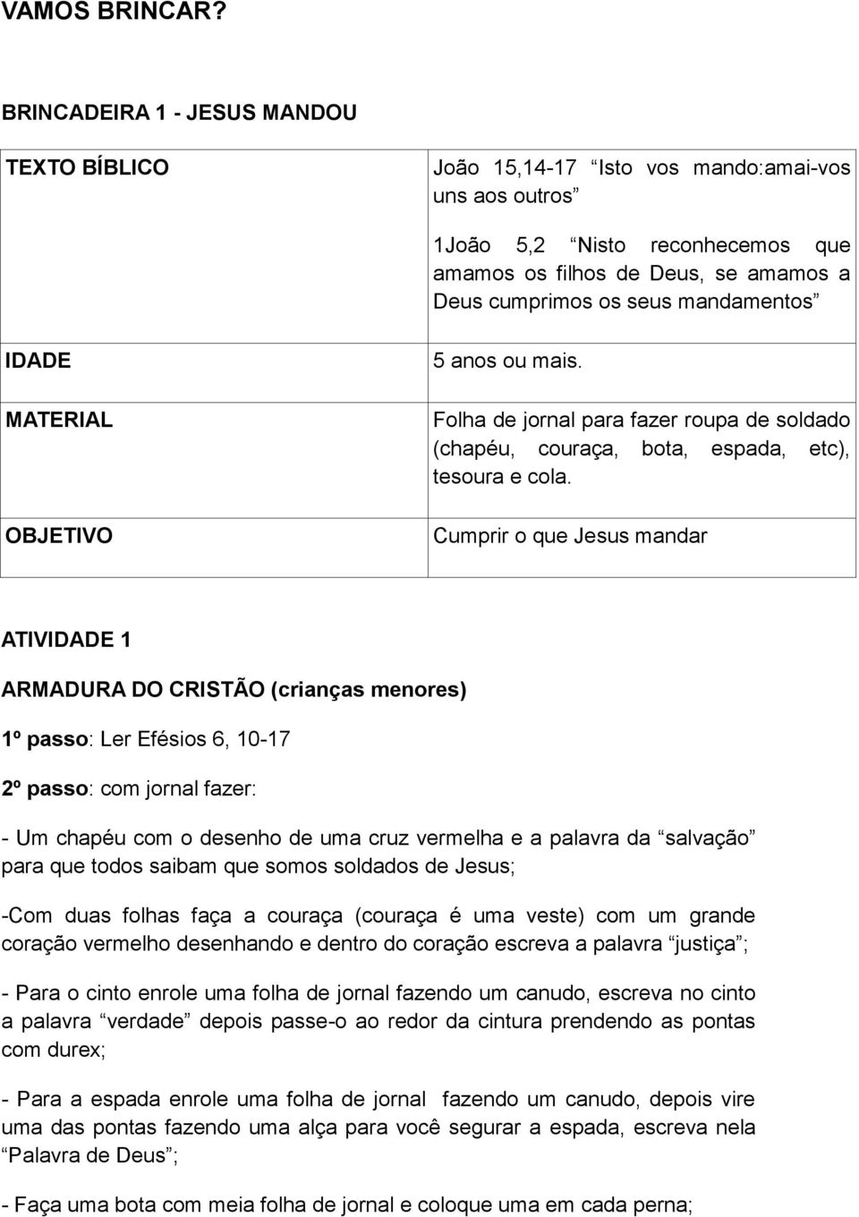 mandamentos IDADE MATERIAL OBJETIVO 5 anos ou mais. Folha de jornal para fazer roupa de soldado (chapéu, couraça, bota, espada, etc), tesoura e cola.