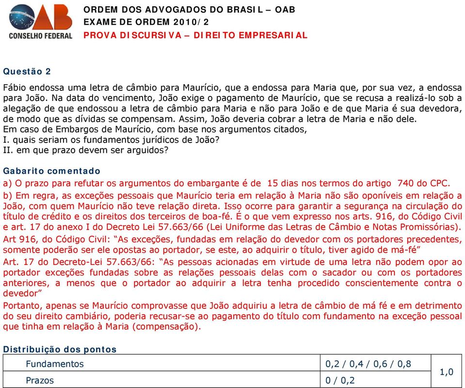 modo que as dívidas se compensam. Assim, João deveria cobrar a letra de Maria e não dele. Em caso de Embargos de Maurício, com base nos argumentos citados, I.