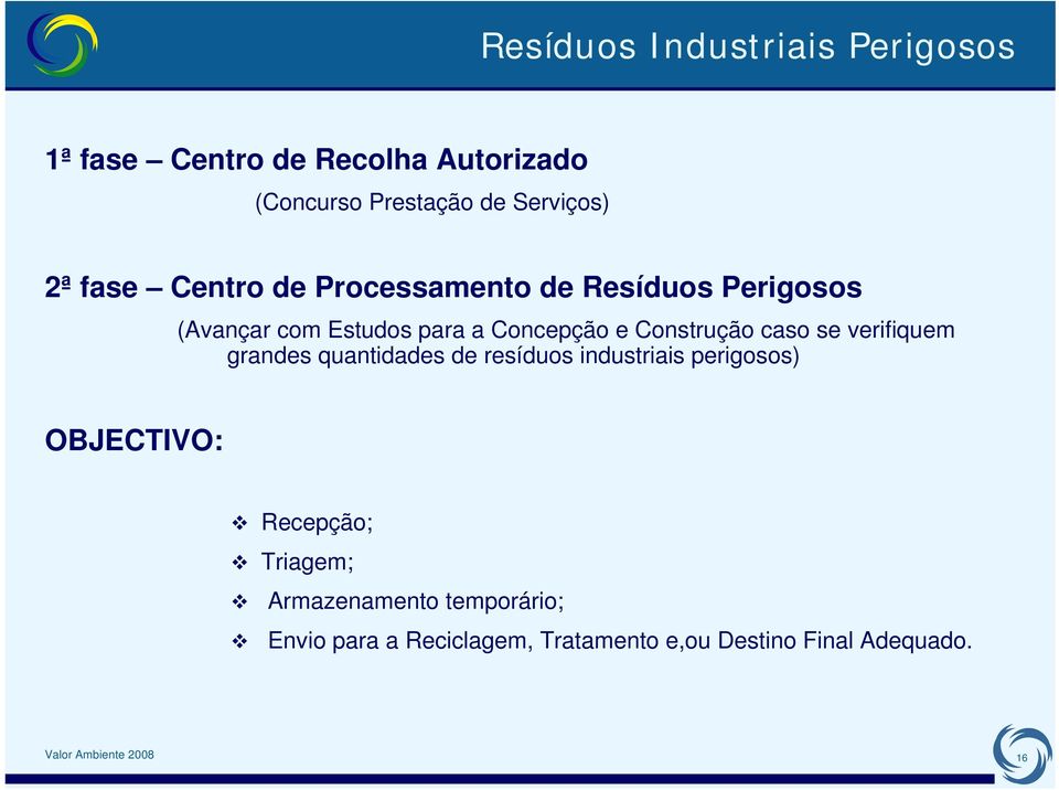 caso se verifiquem grandes quantidades de resíduos industriais perigosos) OBJECTIVO: Recepção; Triagem;